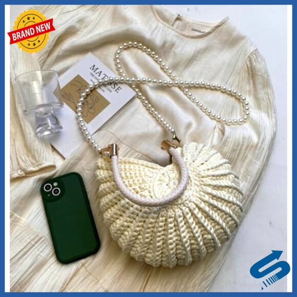 Handwoven Seashell Hobo Bag Crochet Beach Shoulder Crossbody Purse - Picture 5 of 7